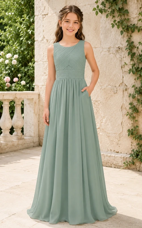 Vestido de dama de honor juvenil color celadón, corte en A, escote redondo, sin mangas, gasa, detalle de bolsillo, sencillo.