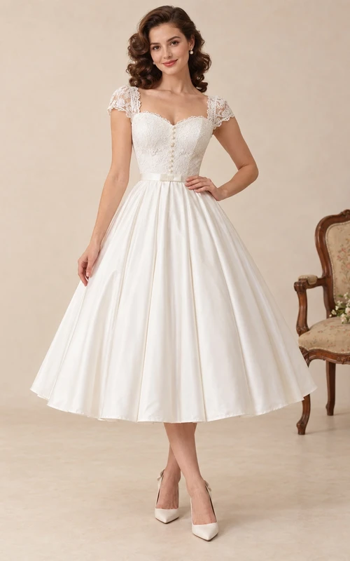 Robe de mariée vintage en satin, coupe trapèze, décolleté cœur et manches courtes, longueur thé