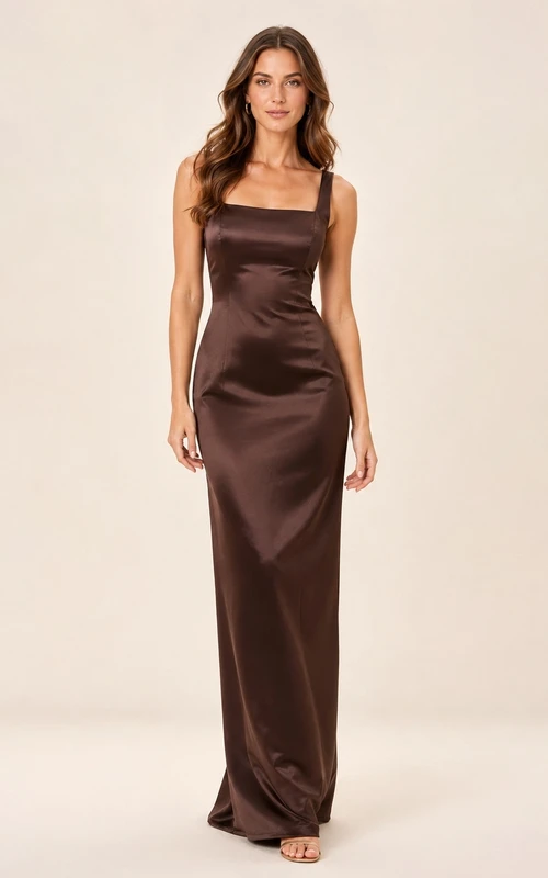 Robe de bal fourreau en satin espresso, coupe droite, encolure carrée, dos nu en V et jupe longue.
