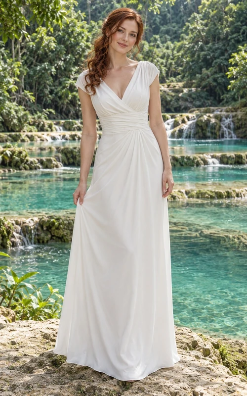 Schlichtes Brautkleid aus Crêpe mit V-Ausschnitt, kurzen Ärmeln, geraffter Taille und A-Linien-Rock