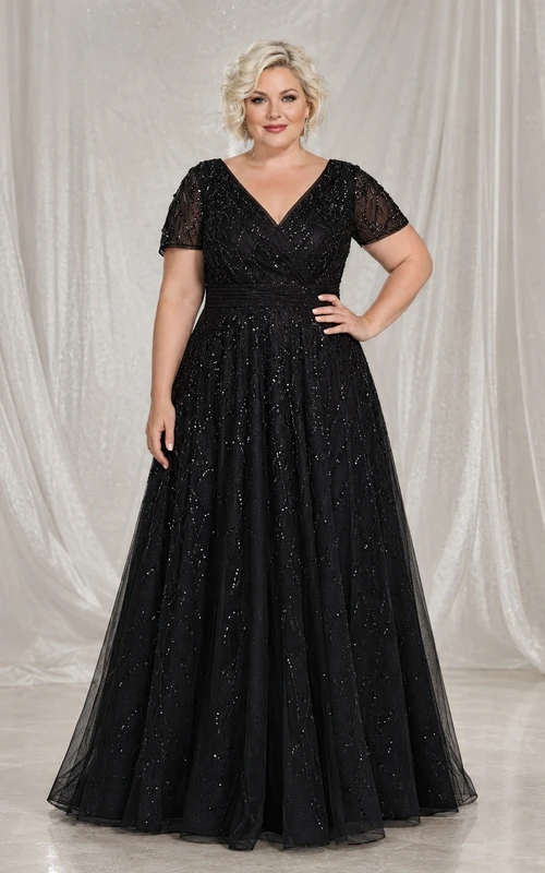 Vestido formal de talla grande, modesto, de manga corta, con lentejuelas, corte en A y largo hasta el suelo.