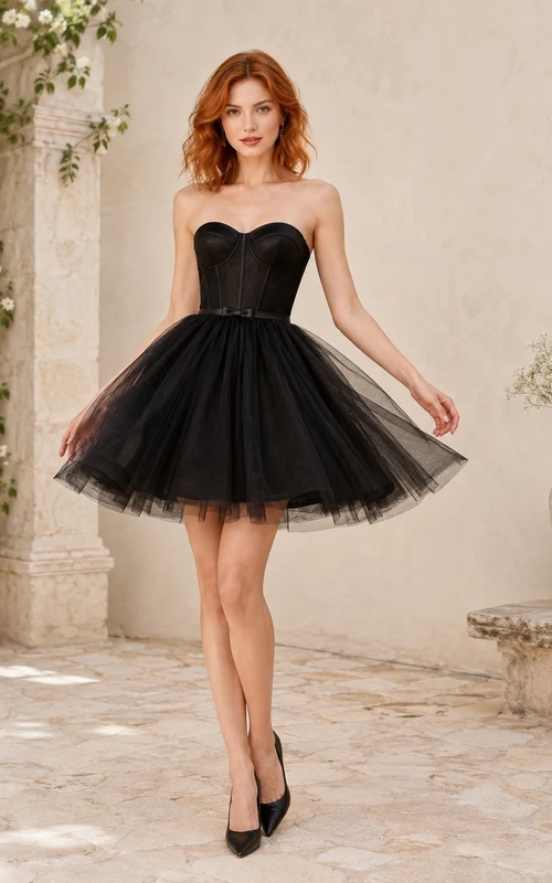 Schwarzes, trägerloses Mini-Kleid aus Tüll mit Korsett-Design und Taillenband, mit sanft geschwungenem Tüllrock.