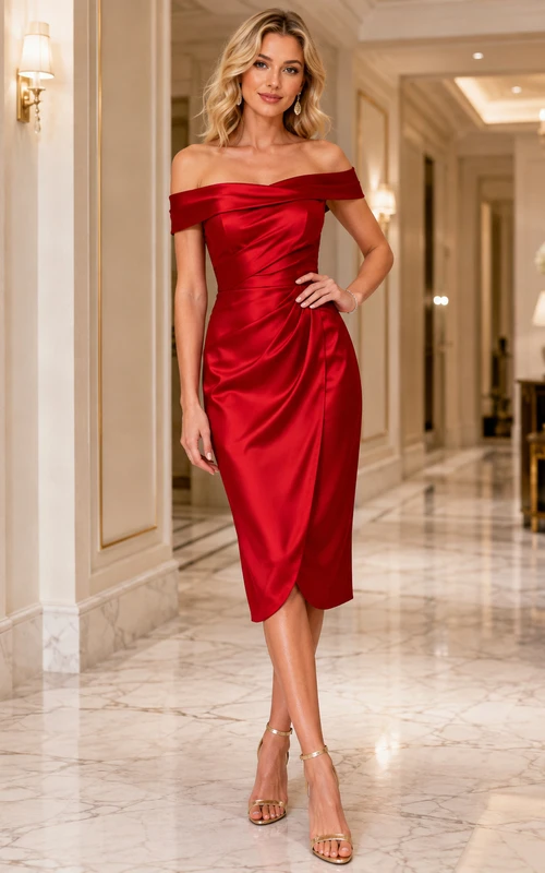 Elegante vestido de cóctel rojo de satén fruncido de manga corta con hombros descubiertos y largo hasta la rodilla.