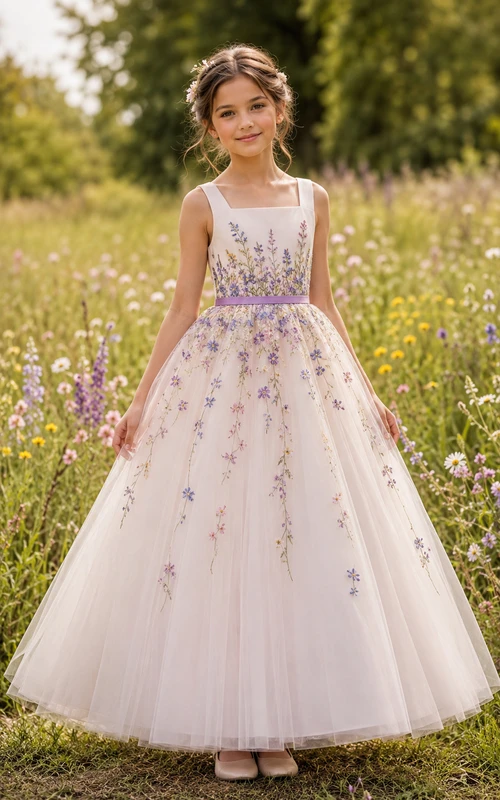 Country Lavender Floral Embroidered Tulle Flower Girl Dress