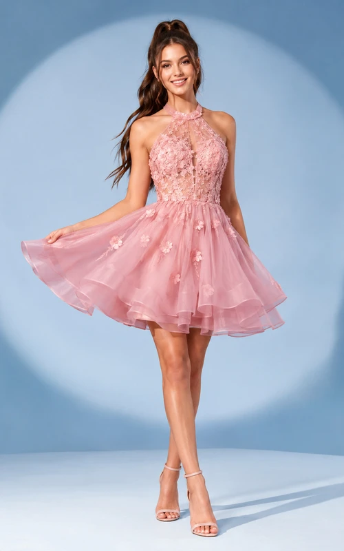 Robe d'anniversaire courte en organza rose à dos nu et appliqués, coupe trapèze