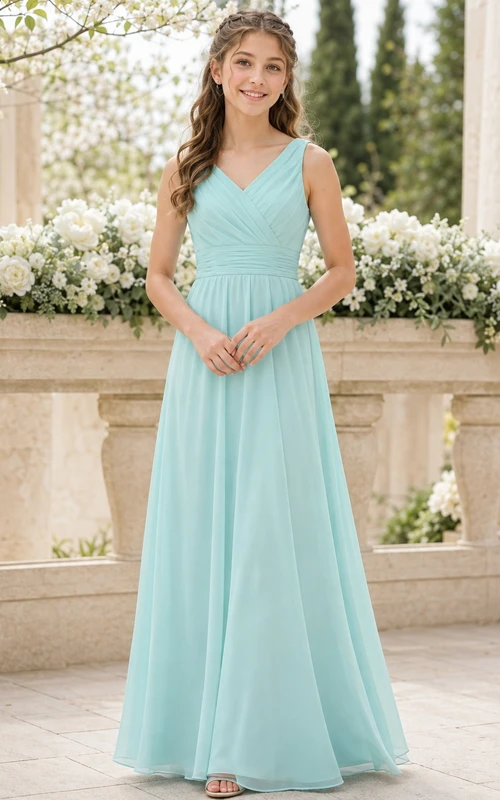 Vestido de dama de honor juvenil color aguamarina, corte en A, escote en V, sin mangas, elegante y formal.