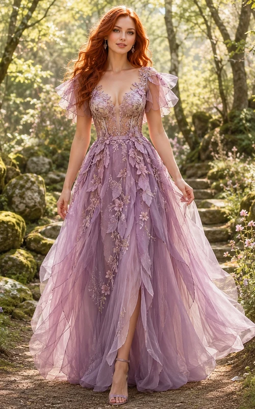 Wisteria Floral Applique V-Neck Puff Sleeve Tulle Ball Gown Floor Length Fantasy Dress