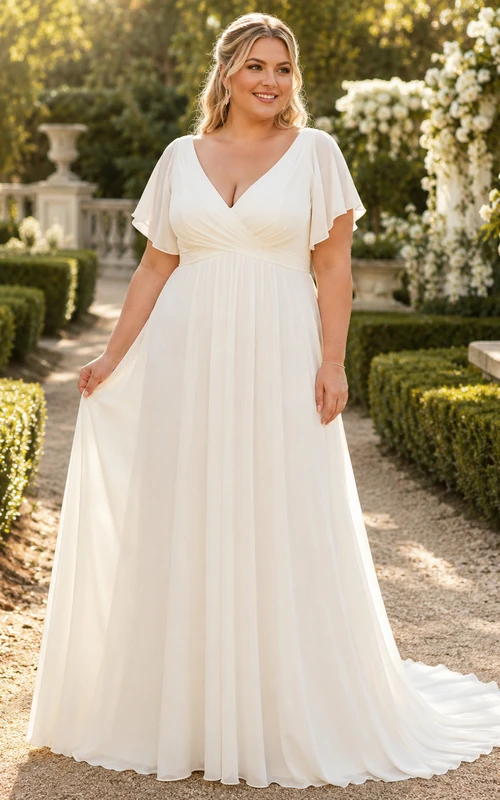 Robe de mariée minimaliste en mousseline, coupe trapèze, col en V, manches courtes, traîne.