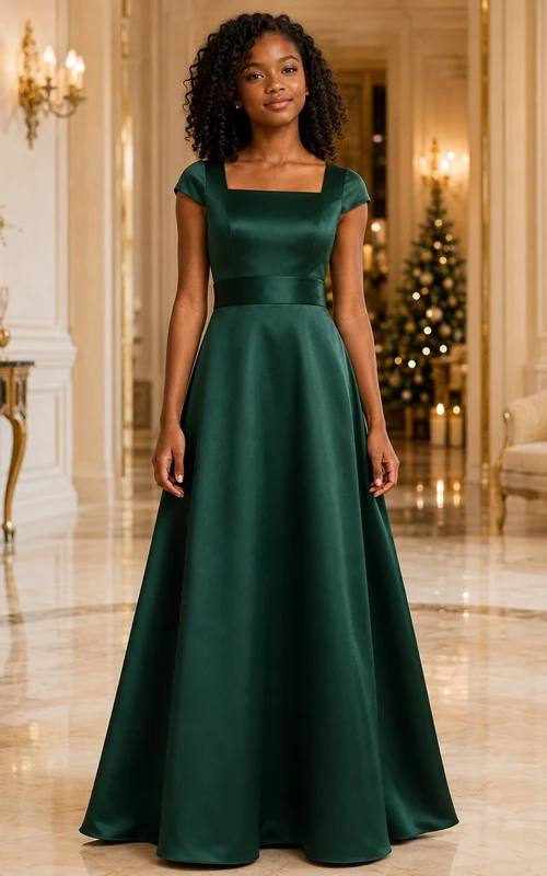 Dunkelgrünes Brautjungfernkleid für junge Mädchen, A-Linie, eckig, kurze Flügelärmel, elegant, aus Satin