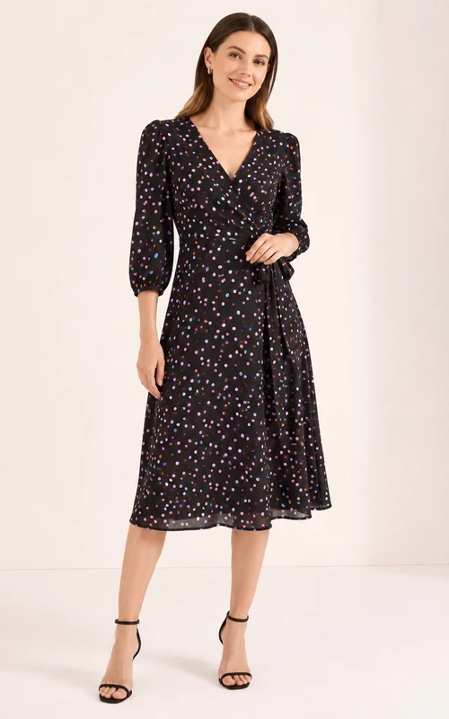Robe cocktail noire décontractée à fleurs, col en V, longueur thé