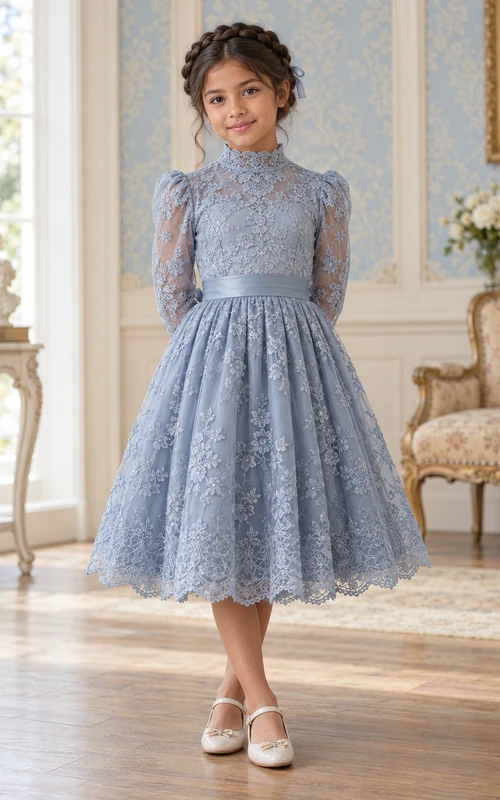 Vestido de niña de flores azul con cuello alto, manga larga, estampado floral y lazo en la espalda, largo hasta la rodilla.