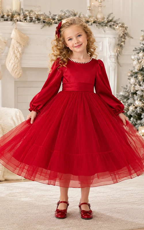 Robe de demoiselle d'honneur d'hiver rouge à manches longues, volants en tulle, coupe trapèze, longueur thé, nœud