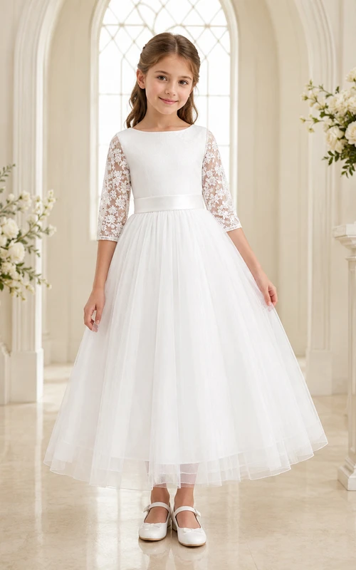 Vestido de té de tul para niña de las flores con mangas tres cuartos de encaje para comunión
