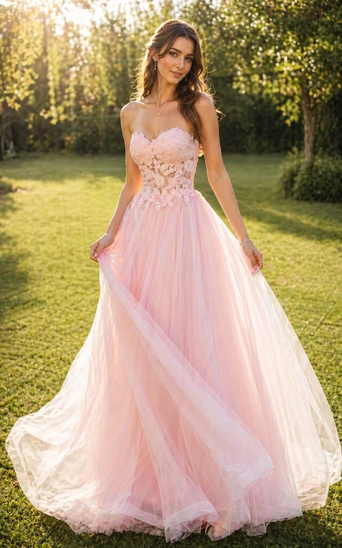 Robe de soirée formelle de bal en tulle rose poudré, coupe trapèze, ornée d'appliqués de dentelle en forme de cœur et d'un corset au dos.