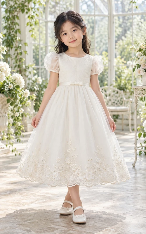 Teelanges elfenbeinfarbenes A-Linien-Kleid aus Spitze und Tüll mit Puffärmeln, Muschelsaum und Schleife am Rücken für Blumenmädchen