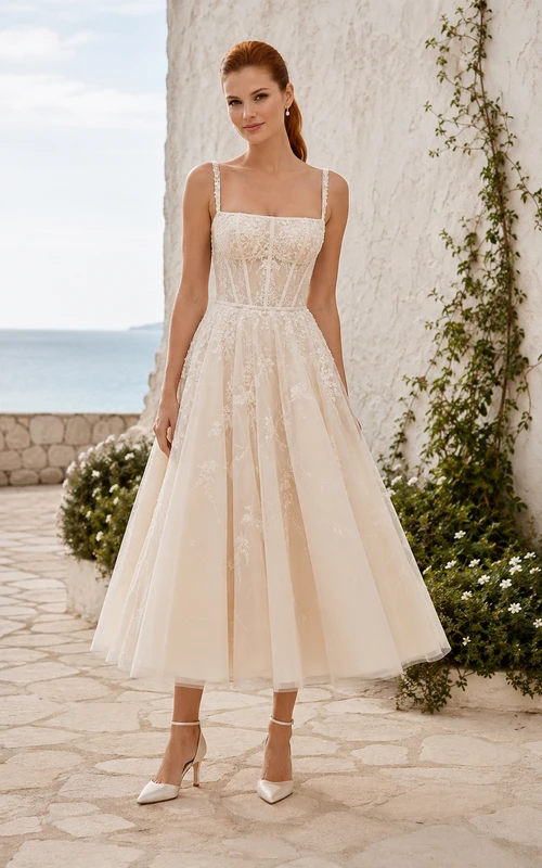 Robe de mariée en tulle longueur thé à fines bretelles et corsage en dentelle