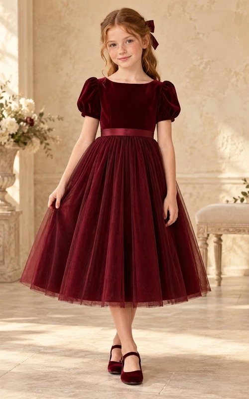 Vestido de niña de flores modesto, de corte A, color burdeos, terciopelo y tul, con mangas abullonadas y fruncido.