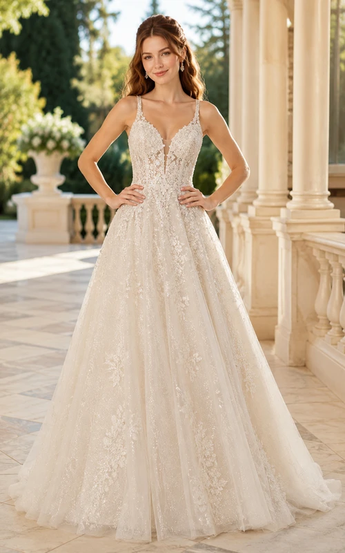 V-Neck Lace Tulle Wedding Ball Gown with Spaghetti Straps and Chapel Train