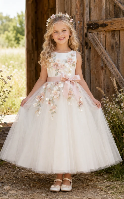 Robe de demoiselle d'honneur de luxe, longueur cheville, coupe trapèze, ornée de dentelle florale et de tulle appliqué, col montant et ceinture.