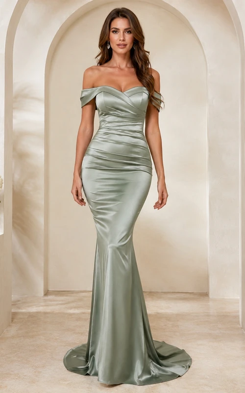 Silver Sage Satin Mermaid Off-Shoulder Short Sleeve Sweep Train Dress