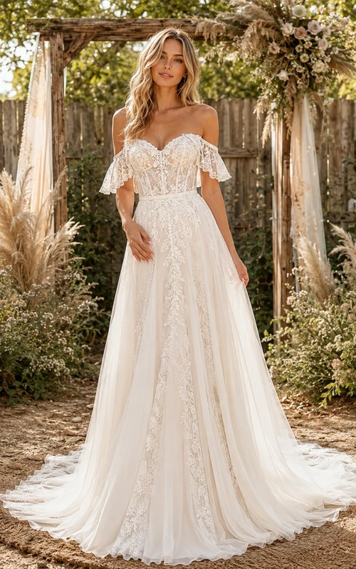 Vestido de novia formal de corte A con hombros descubiertos, estilo bohemio romántico.