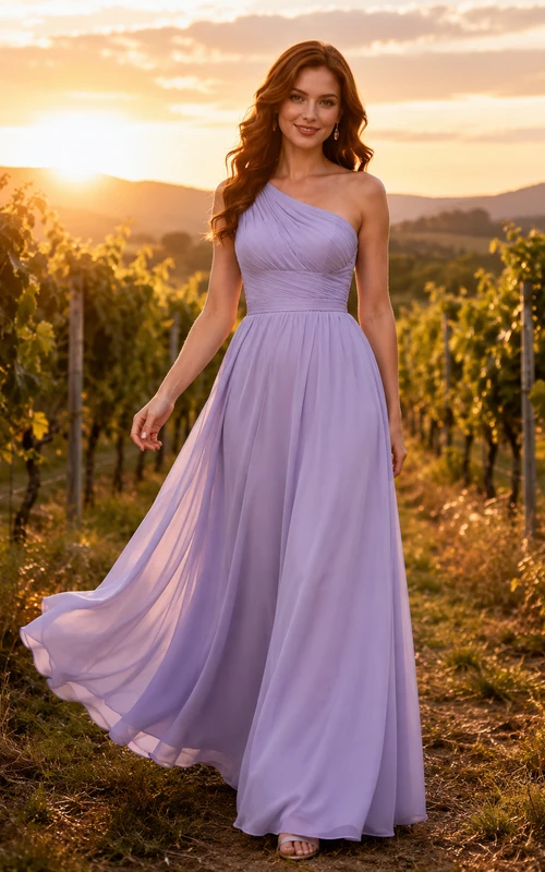 Lavender Chiffon A-Line One-Shoulder Sleeveless Pleated Zip Back Floor-Length Bridesmaid Dress
