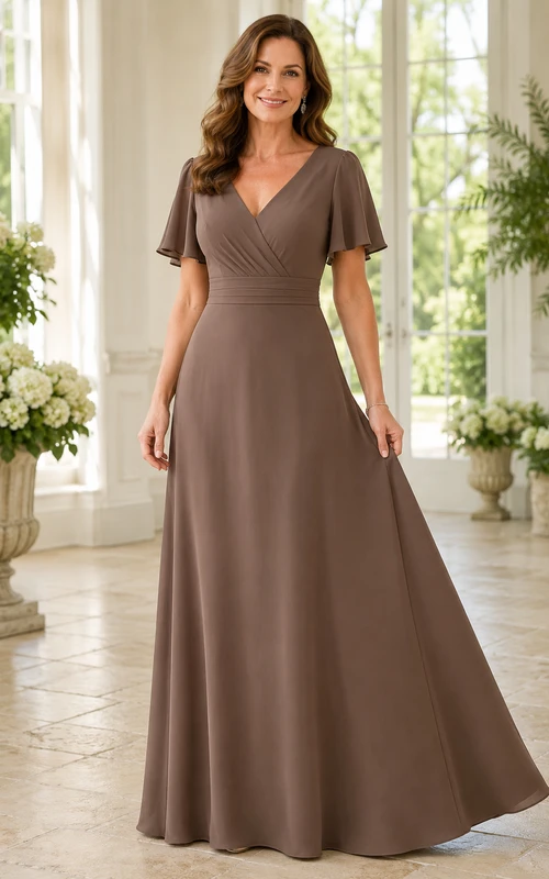 Taupefarbenes A-Linien-Kleid mit V-Ausschnitt und Volantärmeln für Mütter