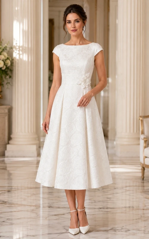 Robe blanche en satin à manches bateau et coupe trapèze, longueur thé