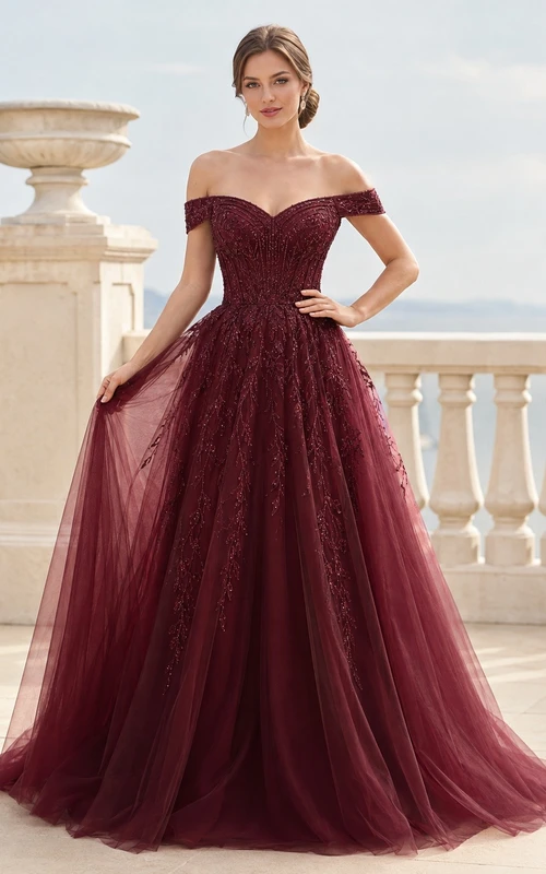 Vestido formal largo hasta el suelo, de tul color granate, con hombros descubiertos y manga corta, corte en A.