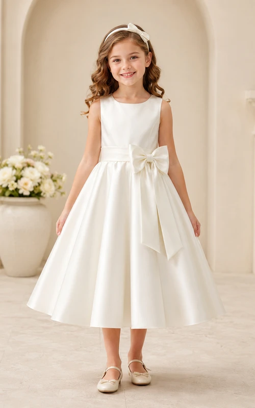 Vestido de niña de las flores, color marfil, satén, corte en A, sin mangas, cuello joya, largo hasta la rodilla, detalle de lazo.