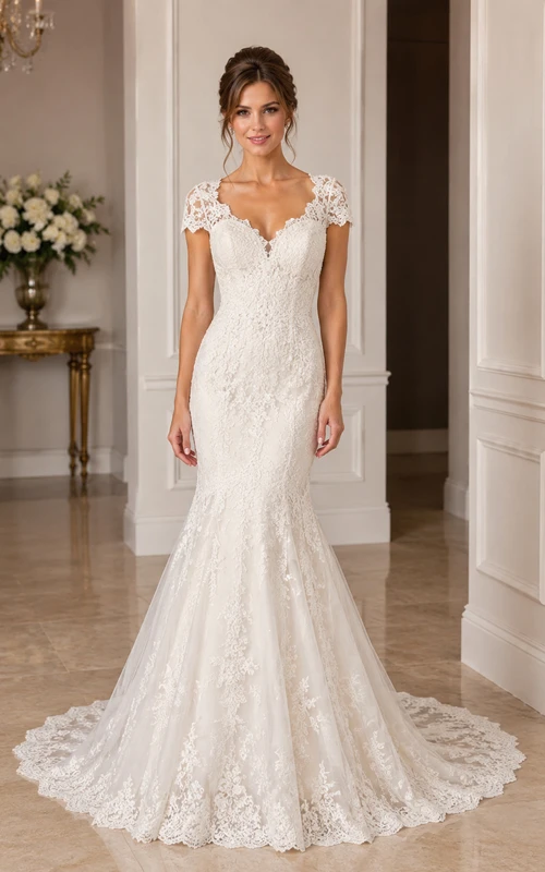 Robe de mariée sirène en dentelle à manches courtes, décolleté en V et traîne chapelle