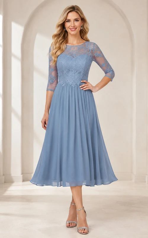 Vestido de jardín elegante azul acero de encaje hasta la rodilla con mangas tres cuartos, estilo madre.