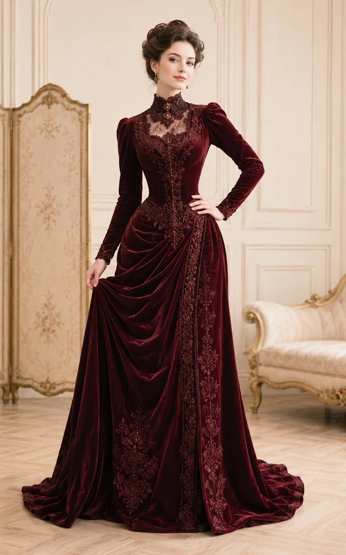 Burgunderfarbenes Samt-Abendkleid im edwardianischen Stil mit hohem Kragen und langen Ärmeln