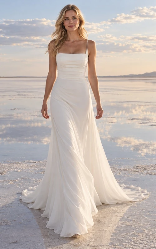 Vestido de novia sencillo de gasa con escote cuadrado, tirantes finos y cintura drapeada.