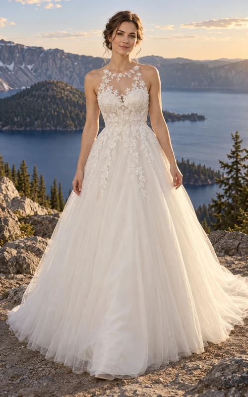 Vestido de novia de gala con apliques florales, cuello alto, encaje, tul y satén, espalda ilusión.