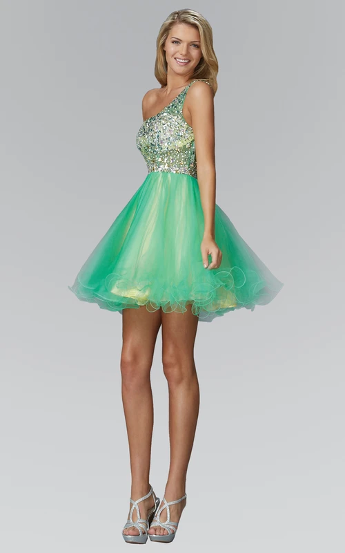 Robe courte trapèze asymétrique en tulle sans manches à une épaule, ornée de volants et de perles