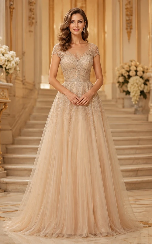 Champagne Cap Sleeve Beaded Lace Tulle A-Line Floor-Length Luxury Formal Evening Gown