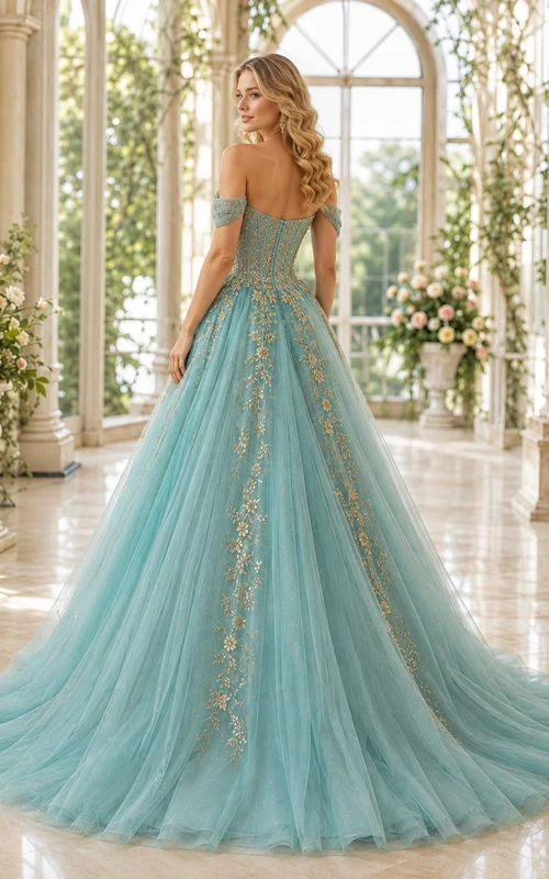 Dunkeltürkisfarbenes Brautkleid mit goldener Stickerei, langen Ärmeln, Meerjungfrauen-Schleppe und Kapellenschleppe