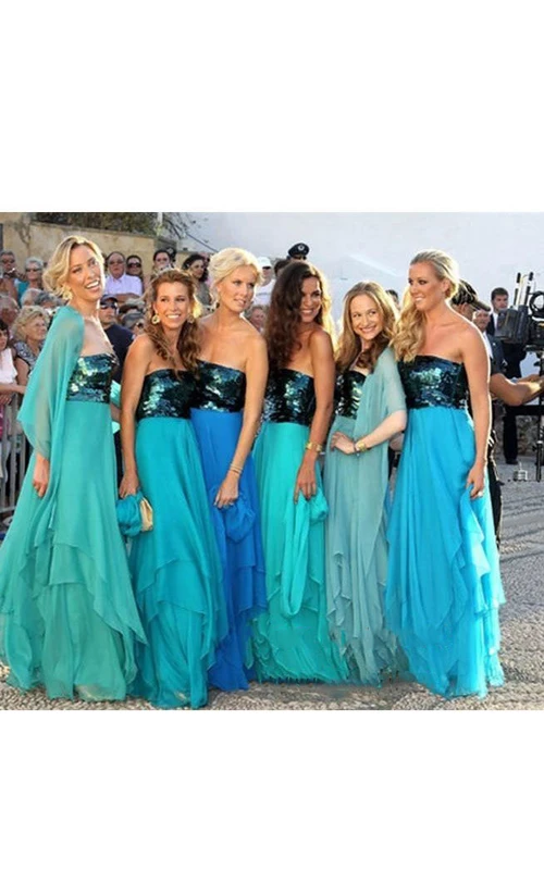 Vestido de gasa con lentejuelas, largo hasta el suelo, sin tirantes, corte imperio, estilo A