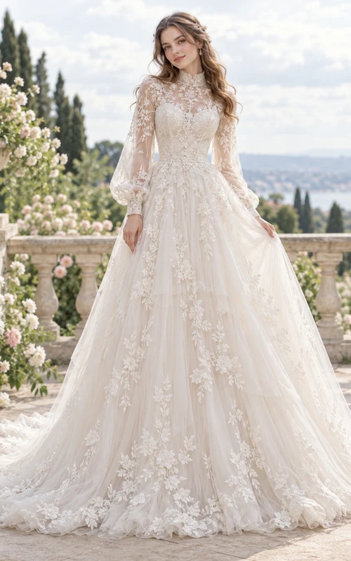Modest High Neck Long Poet Sleeve Applique Tulle Wedding Dress