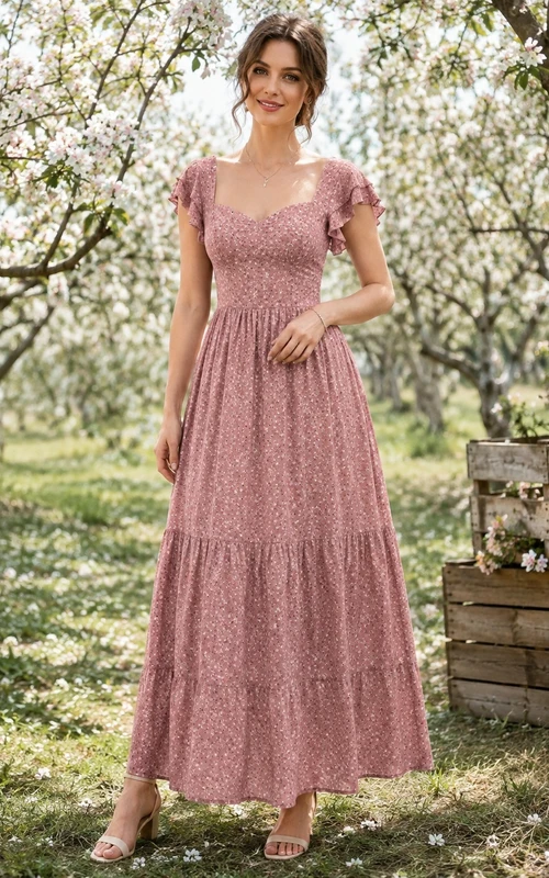 Robe mi-longue en mousseline rose poudré à volants, manches bouffantes à volants, coupe trapèze, col carré, à encolure carrée et imprimé floral à volants