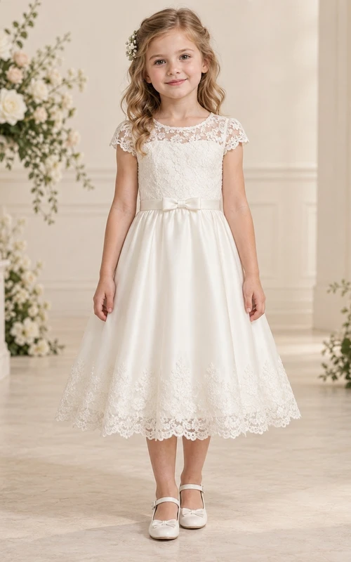 Tea-length Ivory Cap Sleeve Illusion Jewel Floral Lace Bow Sashed Satin Flowergirl Dress