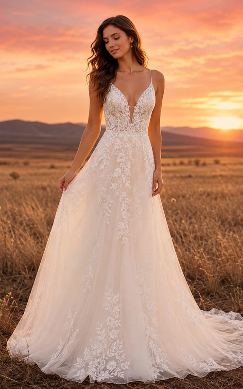 Robe de mariée champêtre en tulle, coupe trapèze, bretelles spaghetti et traîne chapelle