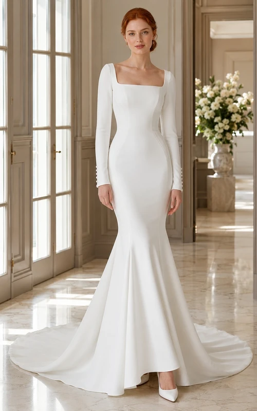 Minimalistisches Brautkleid aus Crêpe mit eckigem Ausschnitt, langen Ärmeln, Meerjungfrauenschnitt und Schleppe