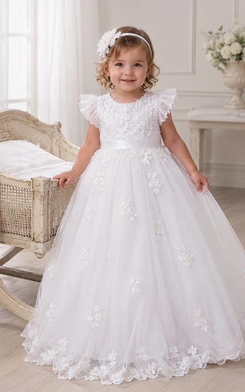 Floral Applique Christening Gown A-Line Tulle Lace Flutter Sleeve Bow Back
