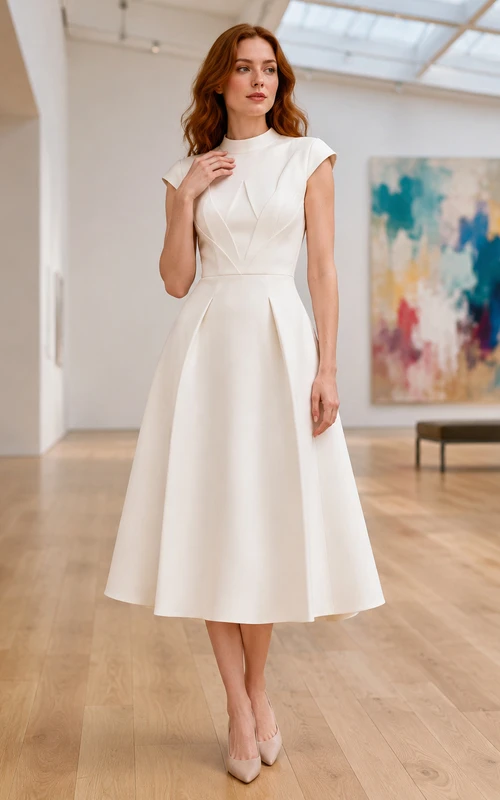 Vestido midi escultural de corte A, sin mangas, con escote barco y pliegues.