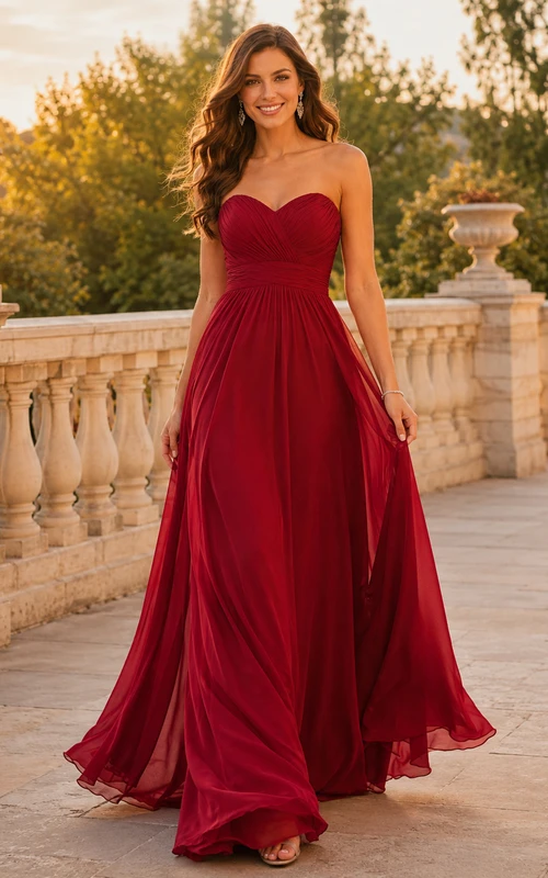 Rotes Chiffon-Abendkleid in A-Linie mit herzförmigem Herzausschnitt
