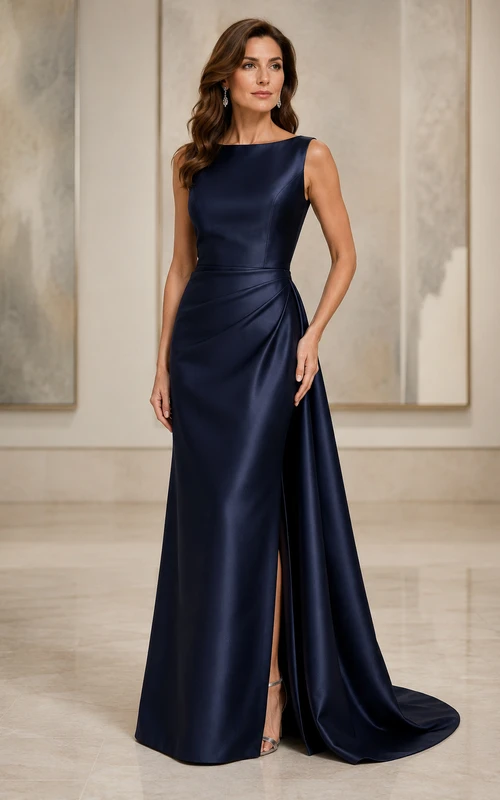 Abendkleid aus dunkelblauem Satin, ärmellos, mit U-Boot-Ausschnitt und Schlitz sowie Schleppe