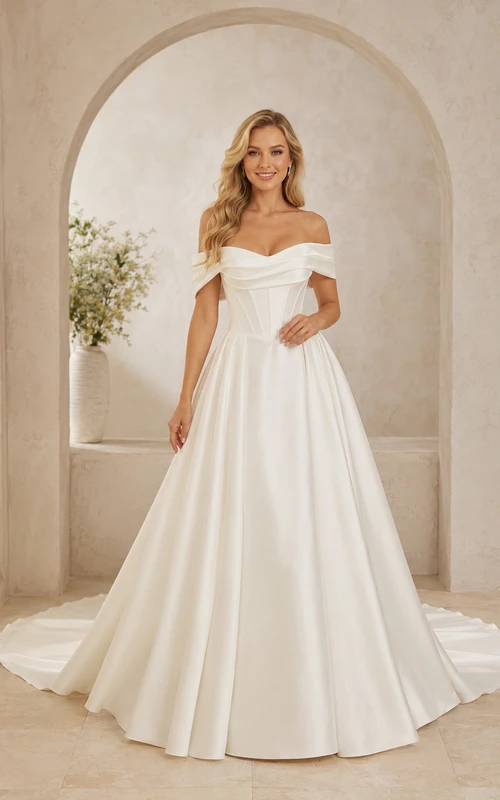 Robe de bal en satin plissé à épaules dénudées et manches courtes, avec traîne chapelle et coupe sculpturale. Robe de mariée de luxe.