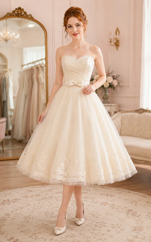 Vintage Teelänge, trägerloses Brautkleid mit Herzausschnitt, plissierter Spitze und Tüll in A-Linie